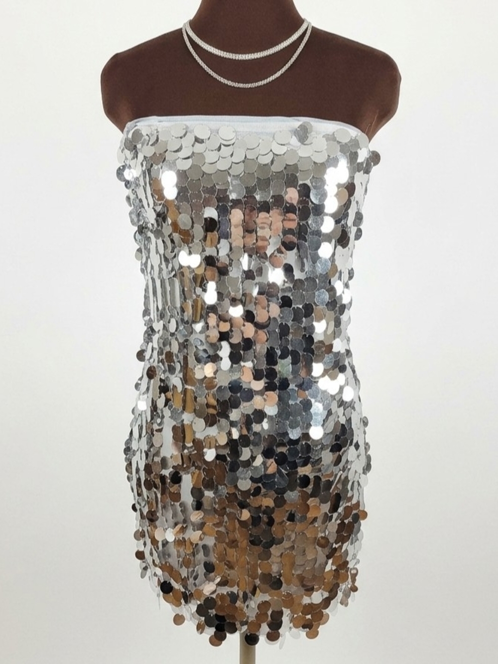 New Strapless Silver Sequin Mini Dress